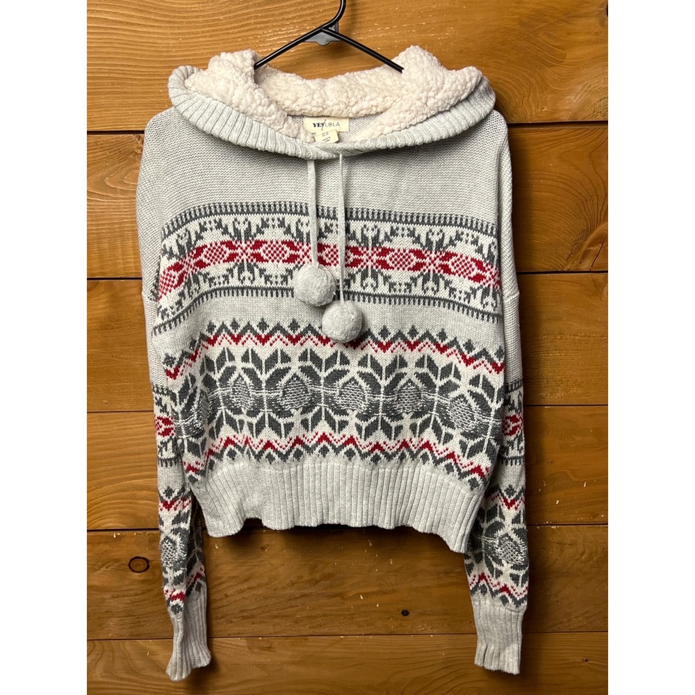 YES.LOLA Women's Grey‎ Snowflake Fair Isle Sherpa Lined Hoodie Sweater M Winter